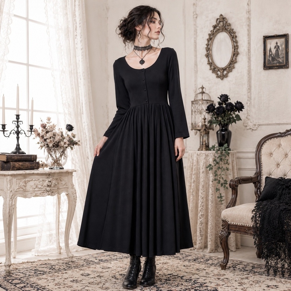 VTG Laura Ashley Black Witchy 100% Wool Button Up Grunge Victorian Goth Dress 10